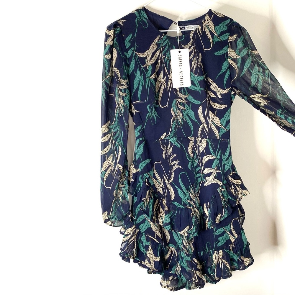 Ruffle Tiered Dress Long Sleeve Cutout Back Waterfall Sheer NWT Saints + Secrets